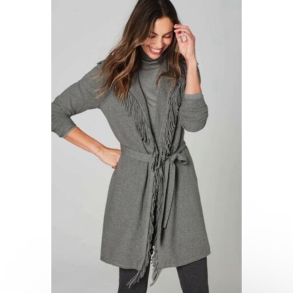 J Jill Cardigan M Fringe Waffle Duster Open Front Belt Western Boho Lagenlook - Picture 1 of 15